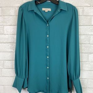 The Loft Emerald Green button up long sleeve blouse, size medium